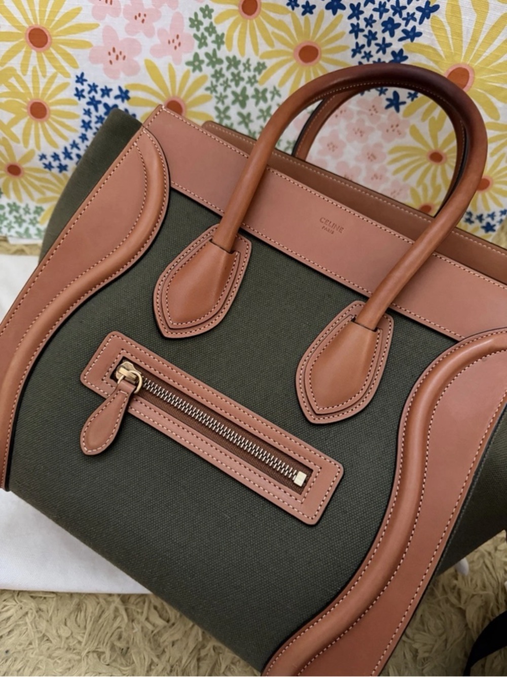 Celine Khaki Canvas and Brown Leather Mini Luggage Tote
